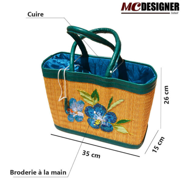 sac à main artisanal en smar motif fleure bleue