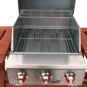 barbecue gaz 3 bruleurs en inox sur socle en bois