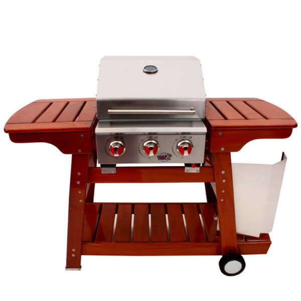 barbecue gaz 3 bruleurs en inox sur socle en bois